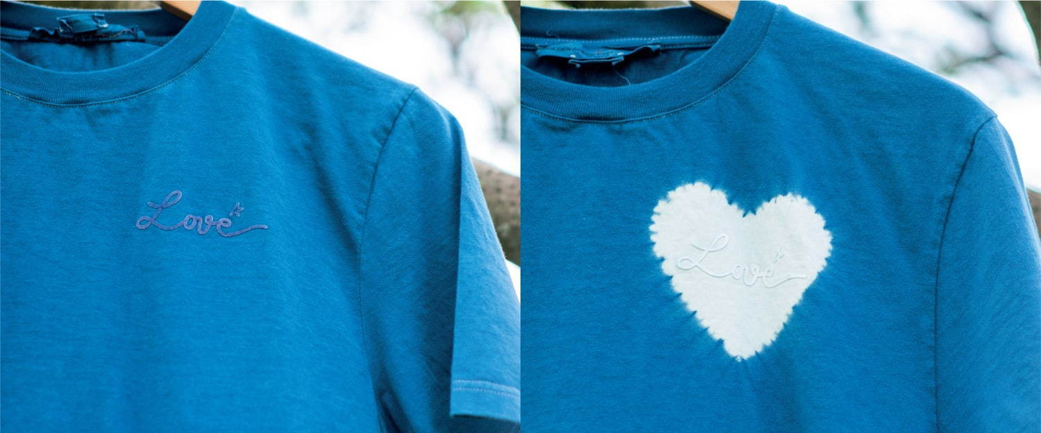 左)「LOVE」藍染め T シャツ 23,000円＋税
右)「LOVE」藍染め HEART T シャツ 25,000円＋税