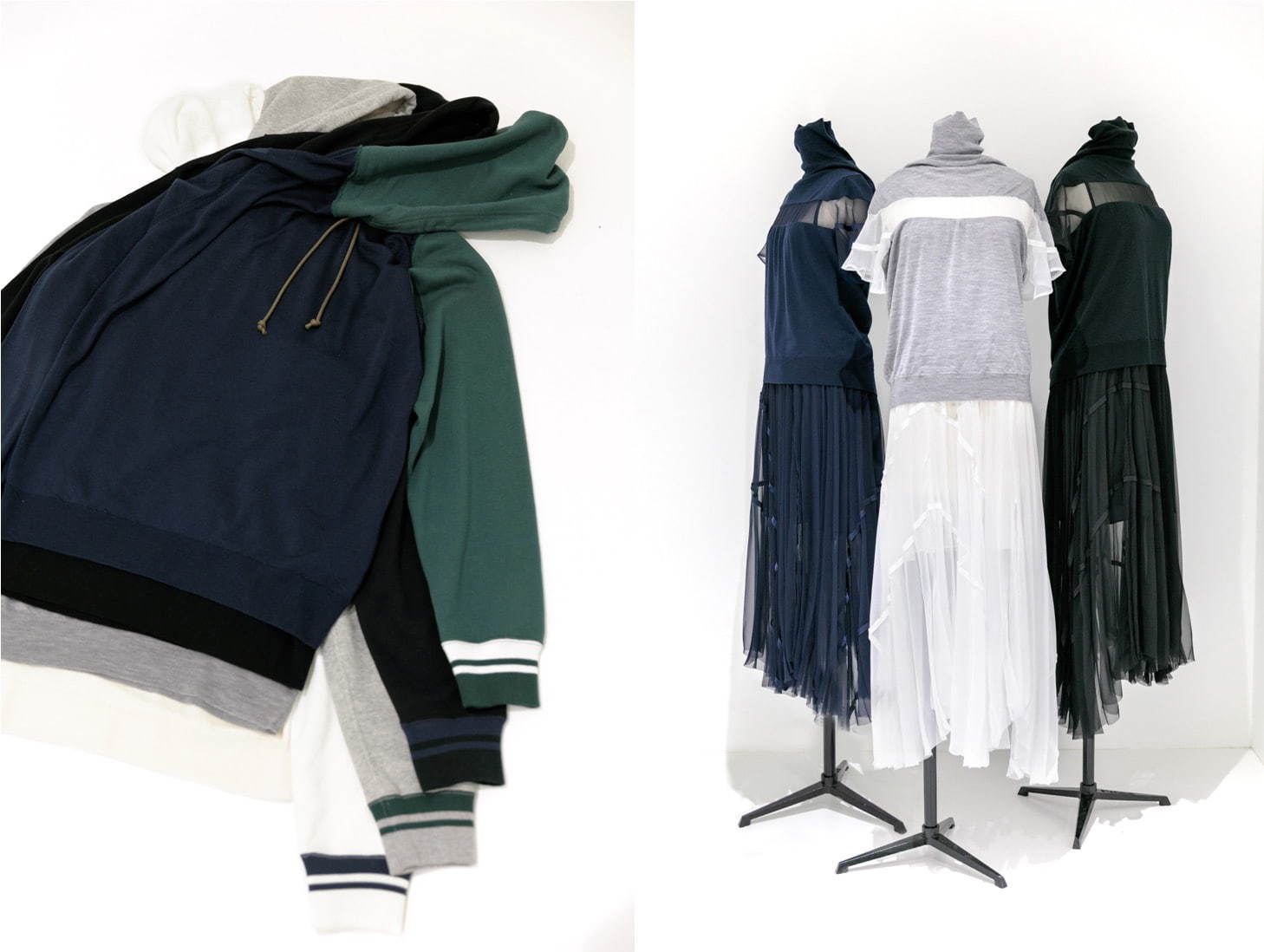 sacai×ジョン スメドレーのドレス＆フーディー、ニットにシフォンやスウェットを組み合わせて｜写真1