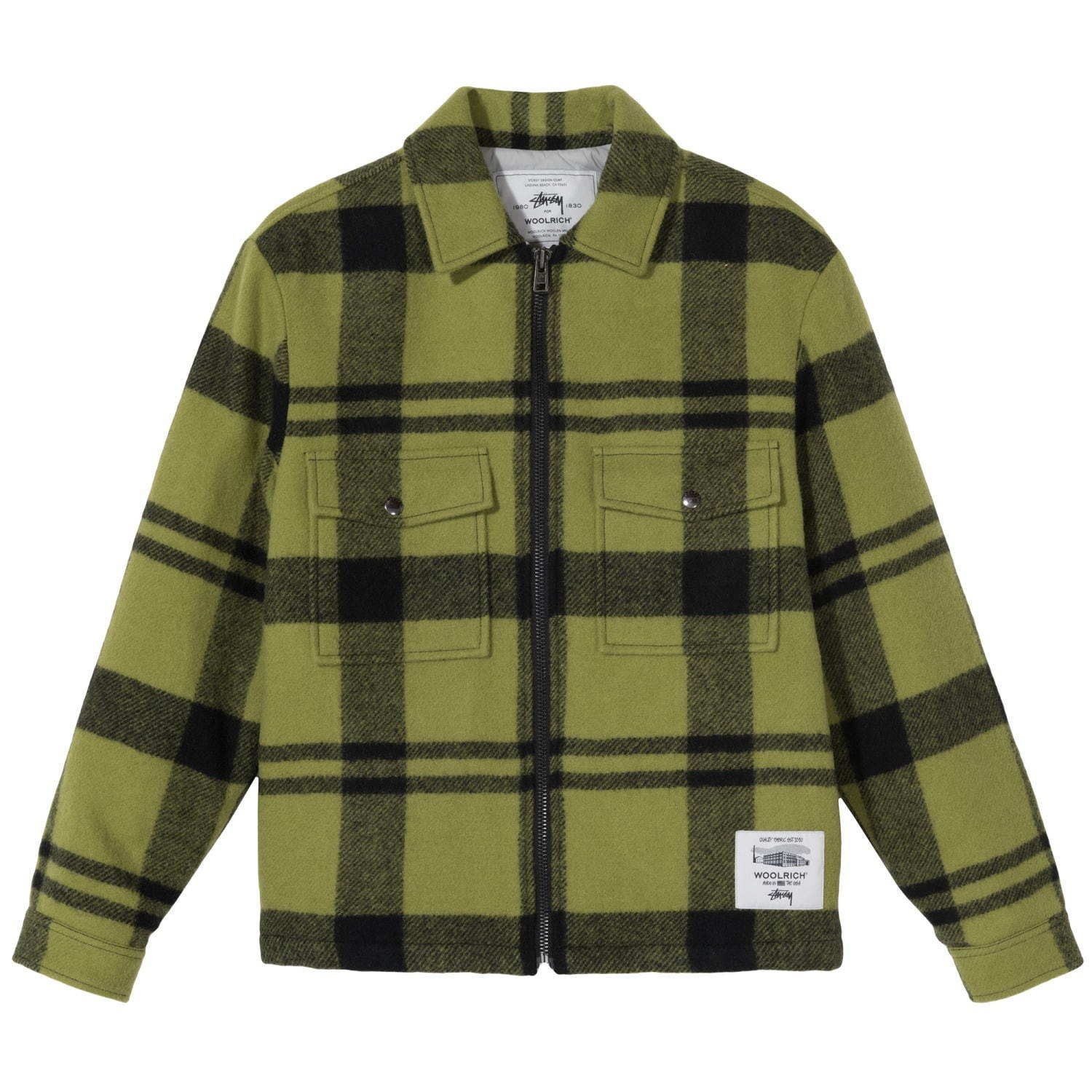 ステューシー×ウールリッチの厚手ワークシャツ、太さの異なるブラック×グリーンのチェック柄｜写真1