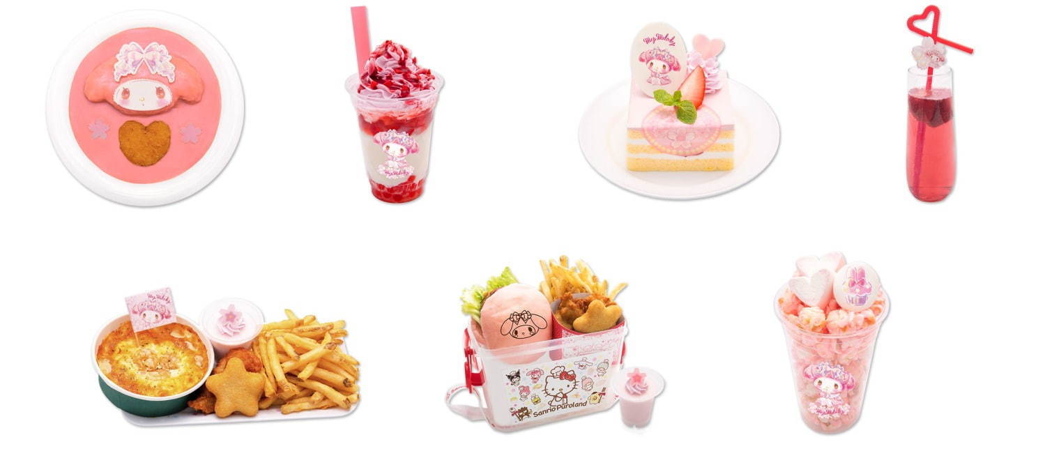 ＜限定フード＆スイーツメニュー＞
左上から時計回りに)
マイメロディのラブリー♡ピンクカレー 1,350円 
マイメロディのピンクセラピー♡杏仁ドリンク 700円 
マイメロディのアニバーサリーケーキ 730円 
マイメロディのソルティストロベリーソーダ 600円
マイメロディのラブリー♡ピンクポップコーン 500円
マイメロディのアニバーサリーバーガーバスケット 1,700円
マイメロディのアニバーサリーコンビプレート 1,700円