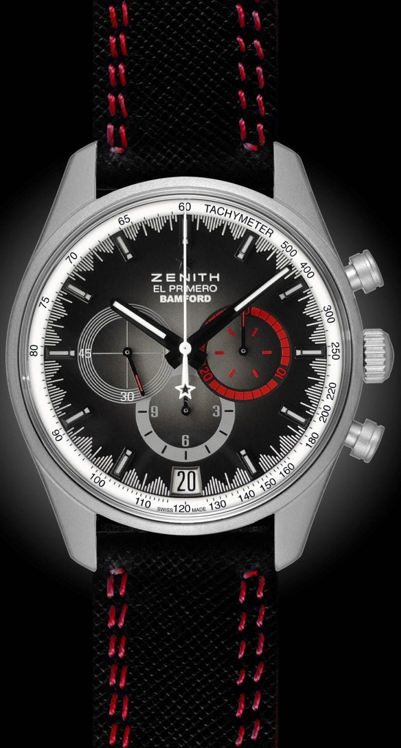 ゼニス×英カスタムウォッチメーカーのコラボ腕時計、マット仕上げのケースにレッドがアクセントの文字盤｜写真6