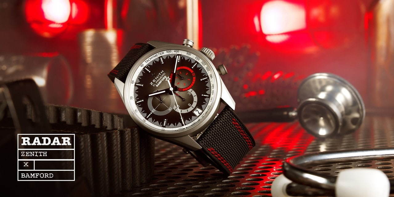 ゼニス×英カスタムウォッチメーカーのコラボ腕時計、マット仕上げのケースにレッドがアクセントの文字盤｜写真1