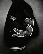 ステューシー＆コム デ ギャルソン限定バーシティジャケット、洋服モチーフのパッチ＆バックにCDGロゴ｜写真8