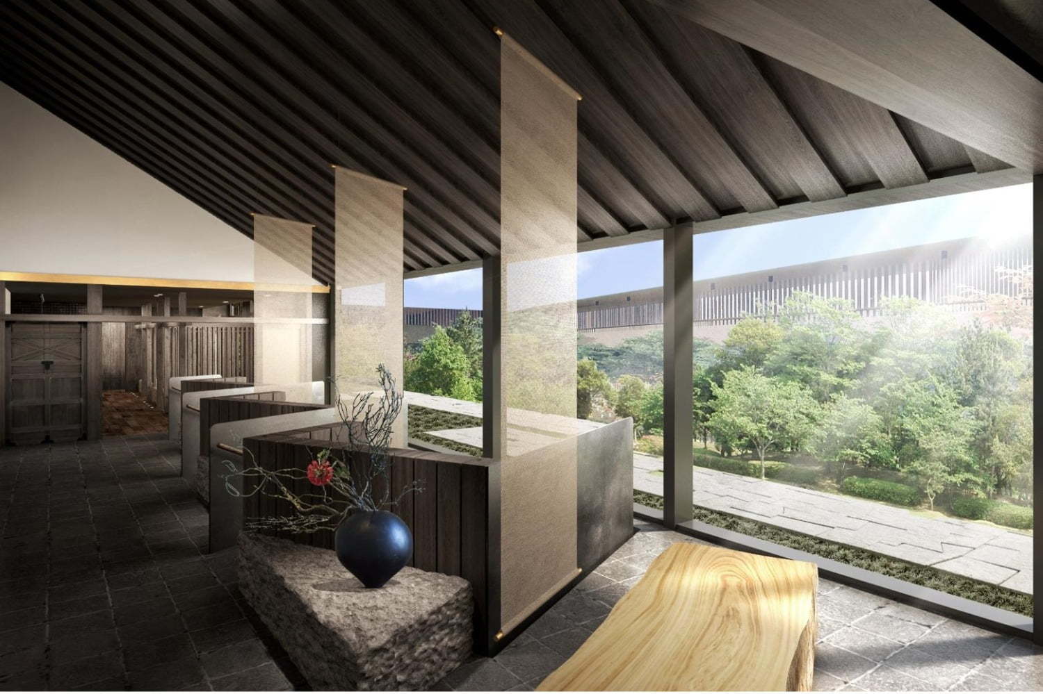 庭園｜隈研吾の建築デザインホテル「ふふ 奈良」が奈良公園内に - “縁側”着想のリビングなど