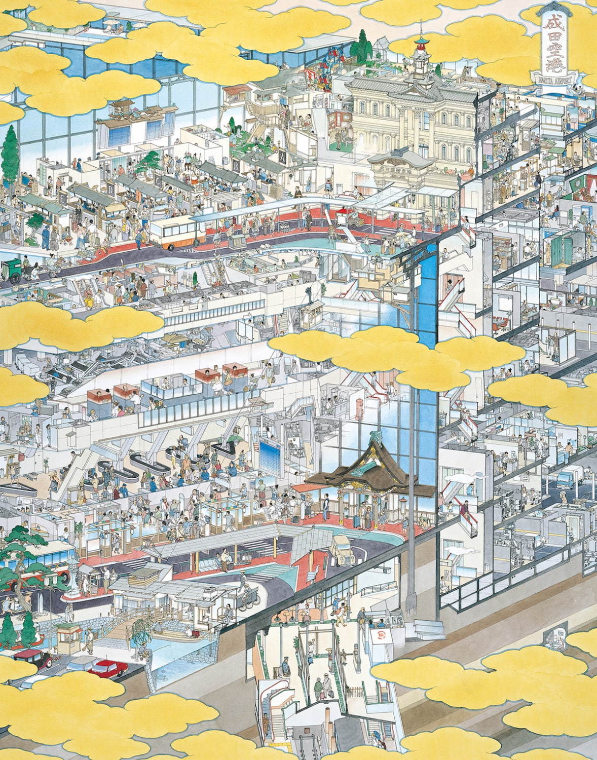 「成田国際空港 南ウィング盛況の圖 」(版画) 山口晃・一面、平成30年(2018年)、ミヅマアートギャラリー