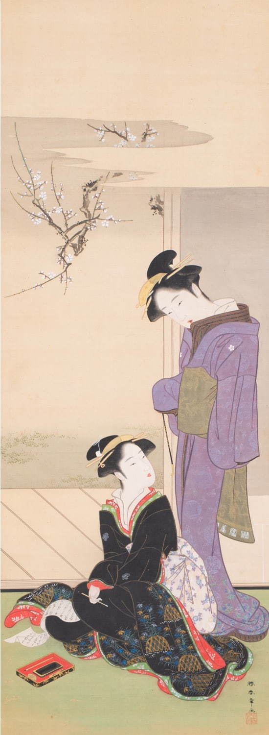 勝川春章「梅花二美人」江戸時代(18世紀半)、静嘉堂文庫美術館蔵【全期間展示】
