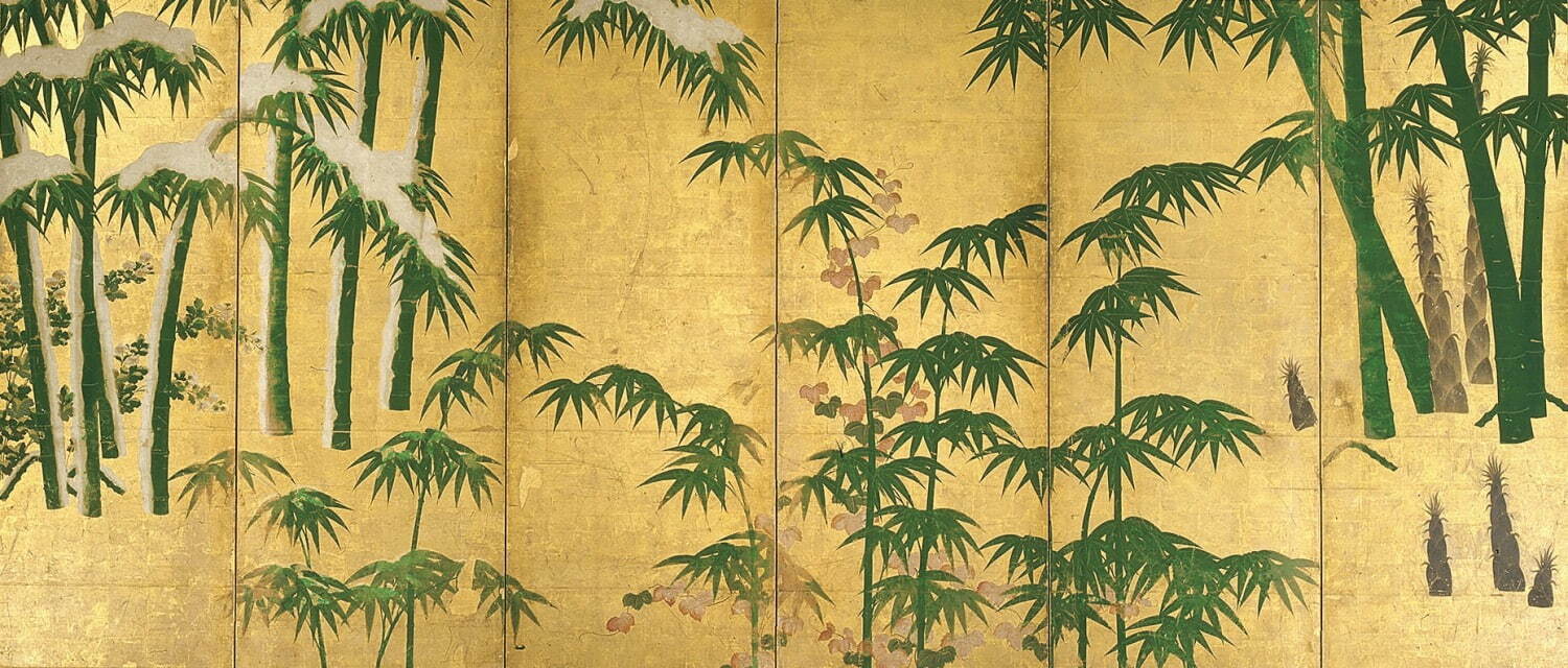 四季竹図屏風 6曲1隻 紙本金地着色 日本・室町時代 16世紀 個人蔵