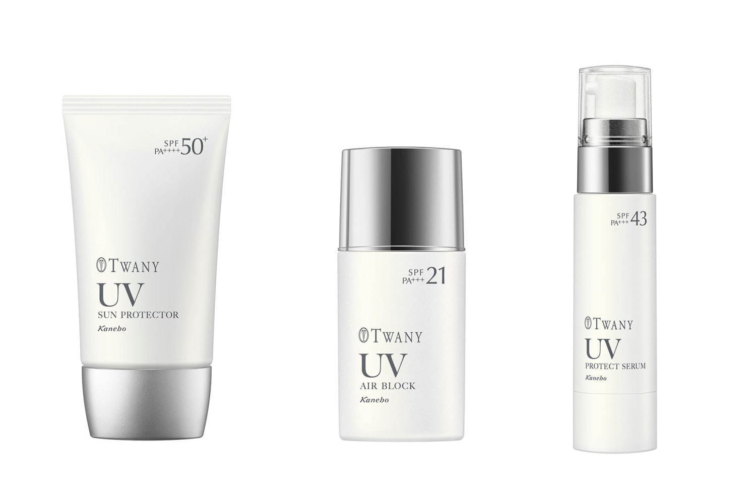 左から) トワニー UVサンプロテクターa 60g SPF50+・PA++++ 3,500円＋税、
トワニー UVエアブロックa 30mL SPF21・PA+++ 5,000円＋税、
トワニー UVプロテクトセラムa 40g SPF43・PA+++ 5,000円＋税