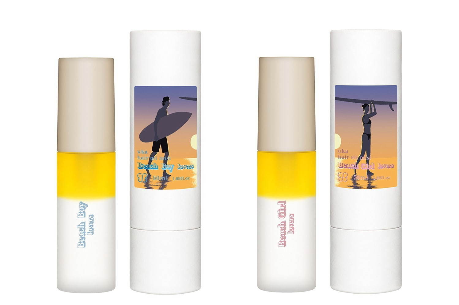 左から) 「uka ヘアオイルミスト オンザビーチ ボーイ ラヴァーズ」50mL 3,500円<数量限定> 「uka ヘアオイルミスト オンザビーチ ガール ラヴァーズ」50mL 3,500円<数量限定>