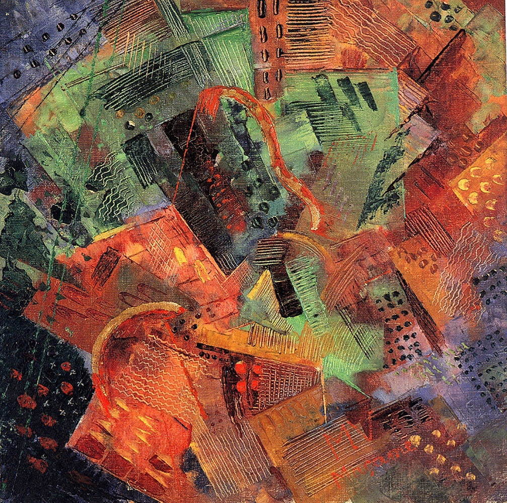 柳瀬正夢《五月の朝と朝飯前の私》1923年 油彩・キャンバス 武蔵野美術大学 美術館・図書館 蔵