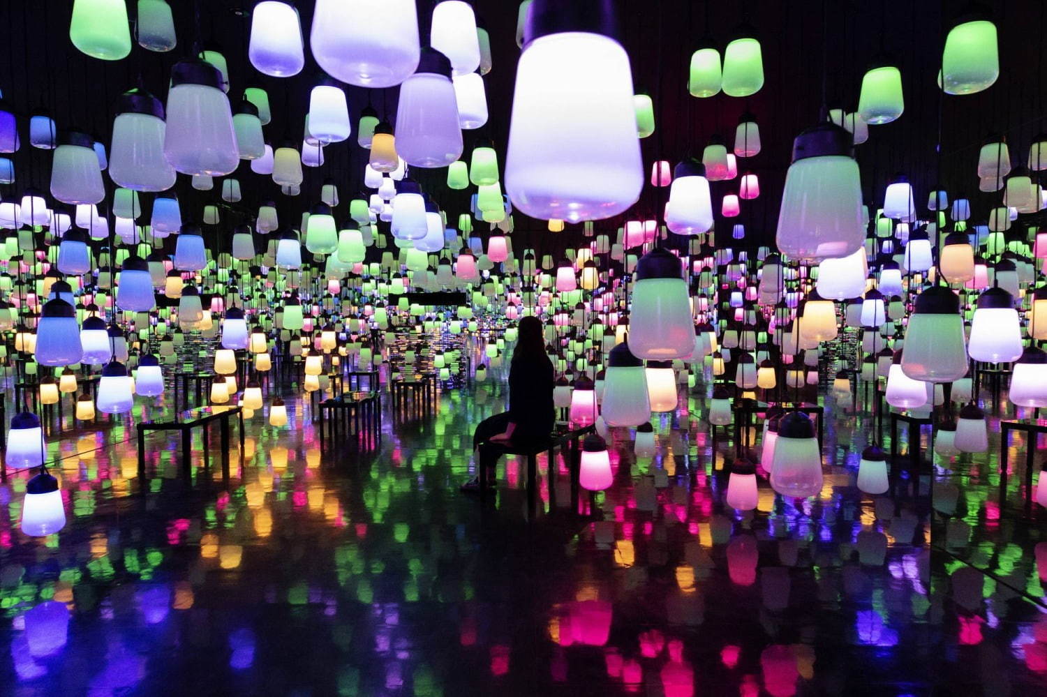 森の中の、呼応するランプの森とスパイラル - ワンストローク、夏の森 / 
teamLab, 2018, Interactive Installation, Murano Glass, LED, Endless, Sound: Hideaki Takahashi