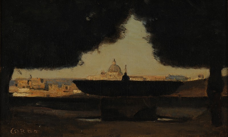 ジャン＝バティスト・カミーユ・コロー《ヴィラ・メディチの噴水盤》 1825-28年頃、1845年以降に加筆 油彩／カンヴァス Inv. 928.13.4 ランス美術館