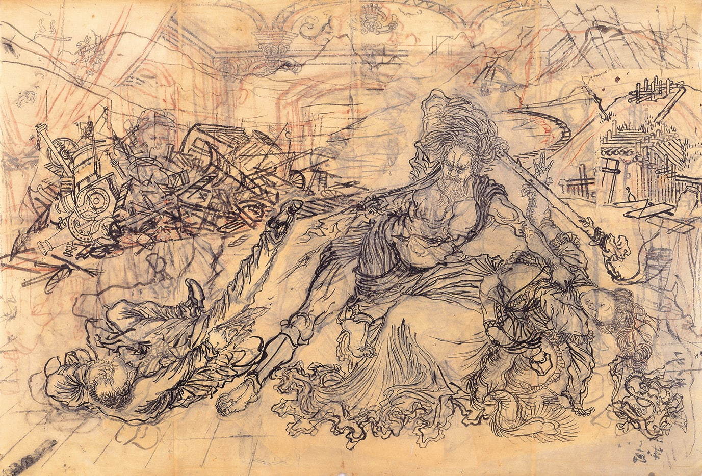 河鍋暁斎《河竹黙阿弥作『漂流奇譚西洋劇』米国砂漠原野の場 下絵》1879年 河鍋暁斎記念美術館蔵