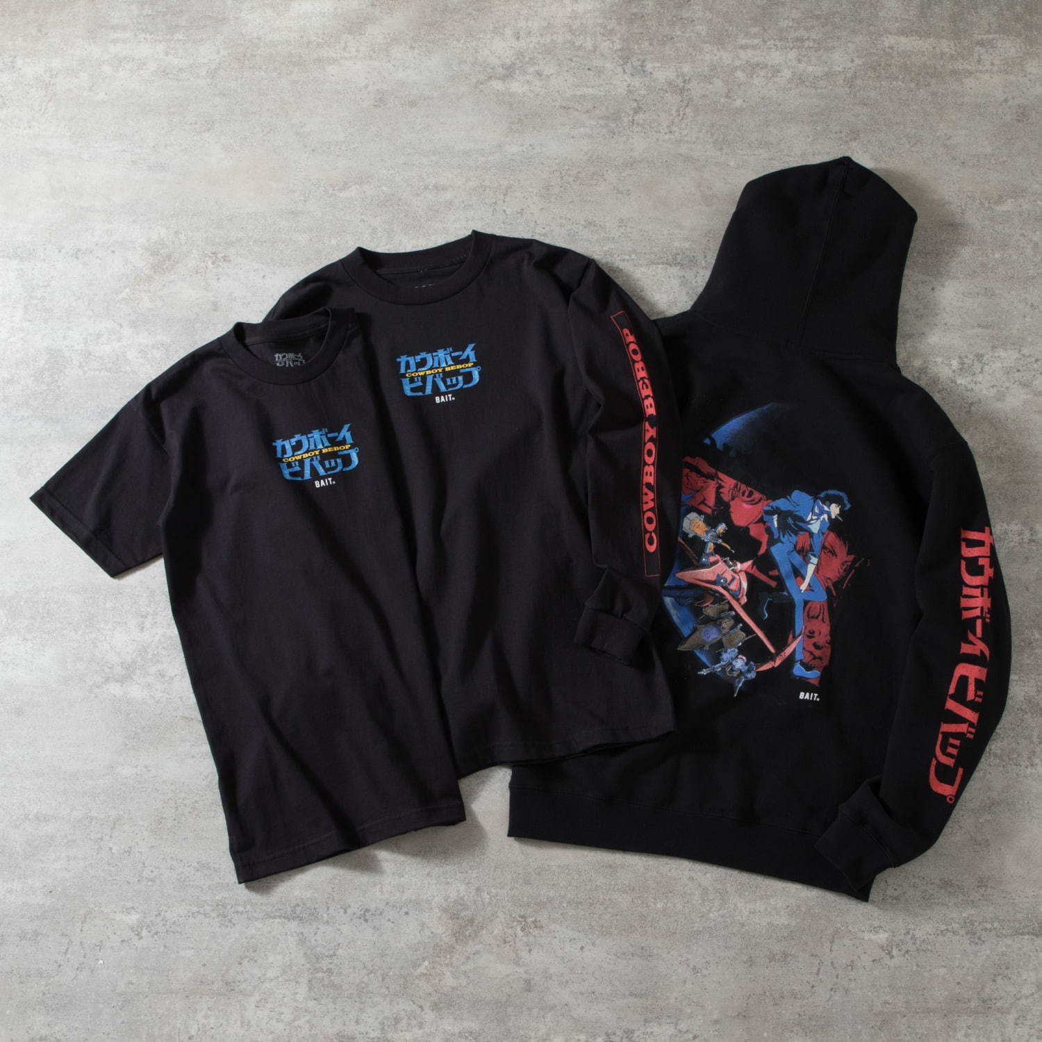 BAIT x Cowboy Bebop Men Space Cowboy Tee 5,800円＋税、Long Sleeve Tee 6,800円＋税、Hoody 14,500円＋税