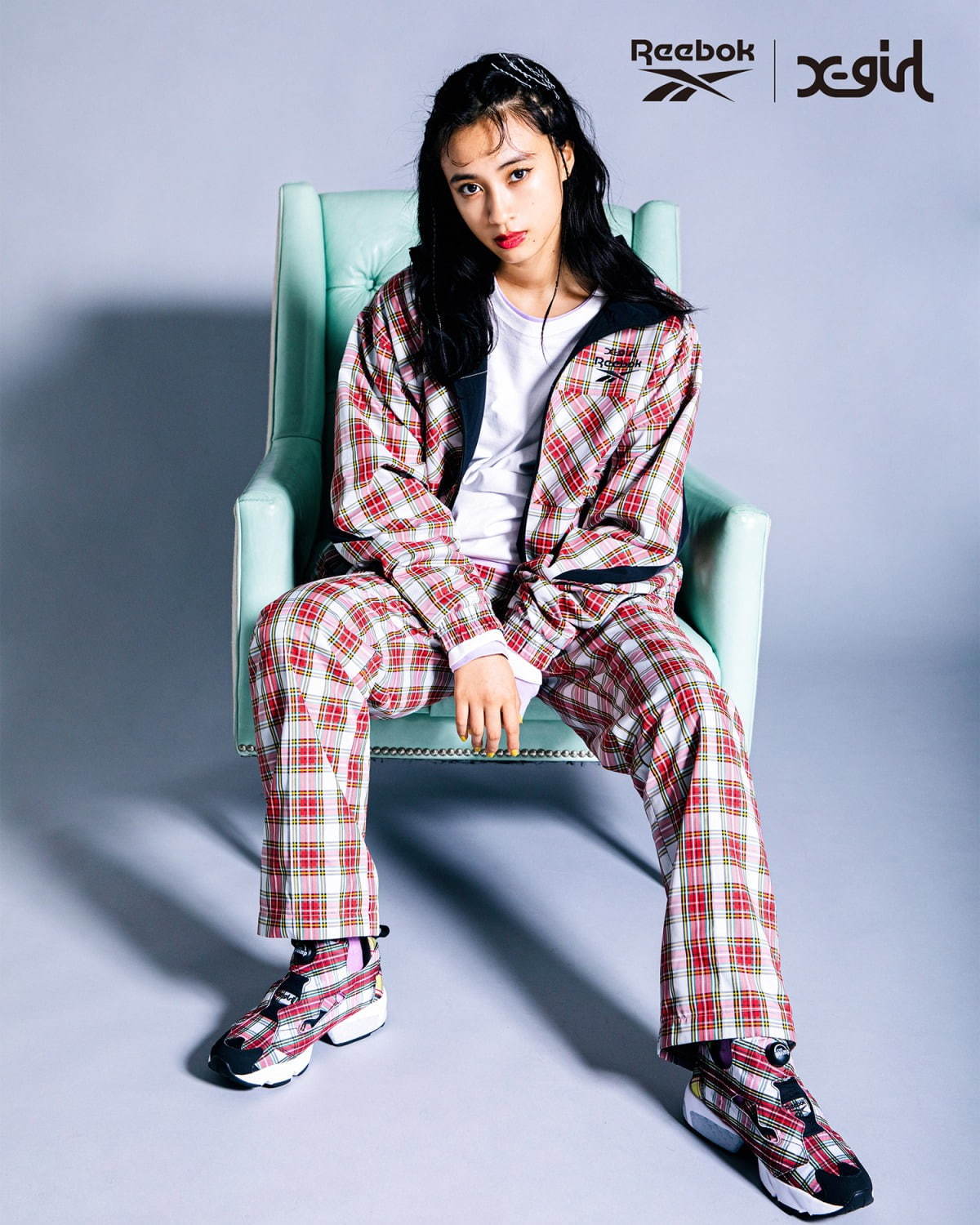 「X-girl × Reebok PLAID TRACK JACKET」16,000円＋税
「X-girl × Reebok PLAID PANTS」 11,000円＋税
「X-girl × Reebok PLAID INSTAPUMP FURY」18,000円＋税