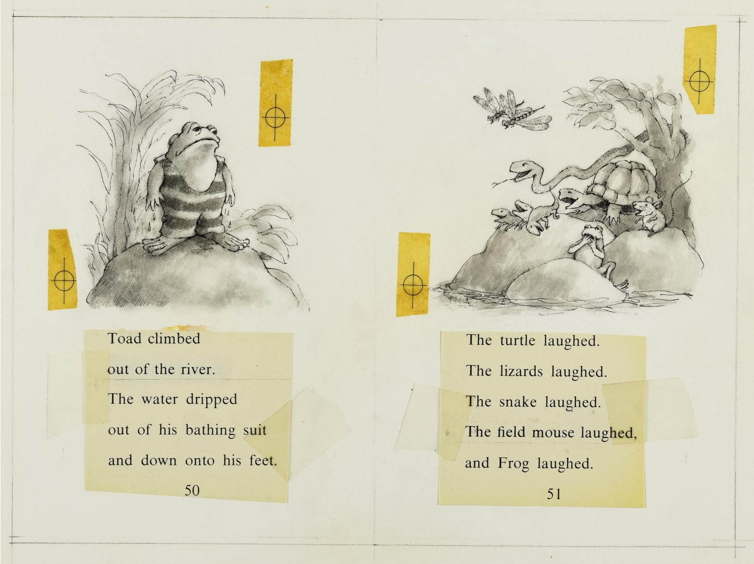 『ふたりはともだち』(1970)「すいえい」レイアウト
Courtesy of the Estate of Arnold Lobel. © 1970 Arnold Lobel. Used by permission of HarperCollins Publishers.