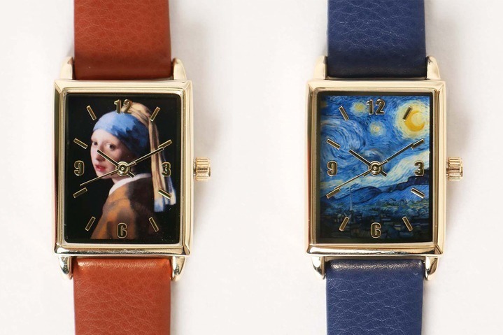 オリジナル絵画ウォッチ 各2,300円＋税
左：ヨハネス・フェルメール『真珠の耳飾りの少女』、右：フィンセント・ファン・ゴッホ『星月夜』