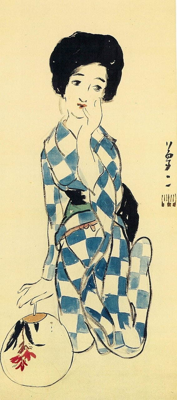 夏姿 竹久夢二・画 1915年頃
「市松模様」の浴衣を装う夢二の恋人・笠井彦乃がモデル。展示では夢二が描いた着物の柄に注目したコーナーも。