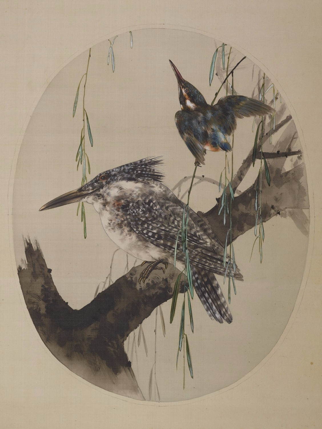 渡辺省亭 迎賓館赤坂離宮・七宝額原画《山翡翠・翡翠に柳》絹本着色 一面(全三十図のうち) 東京国立博物館 Image : TNM Image Archives［半期展示］