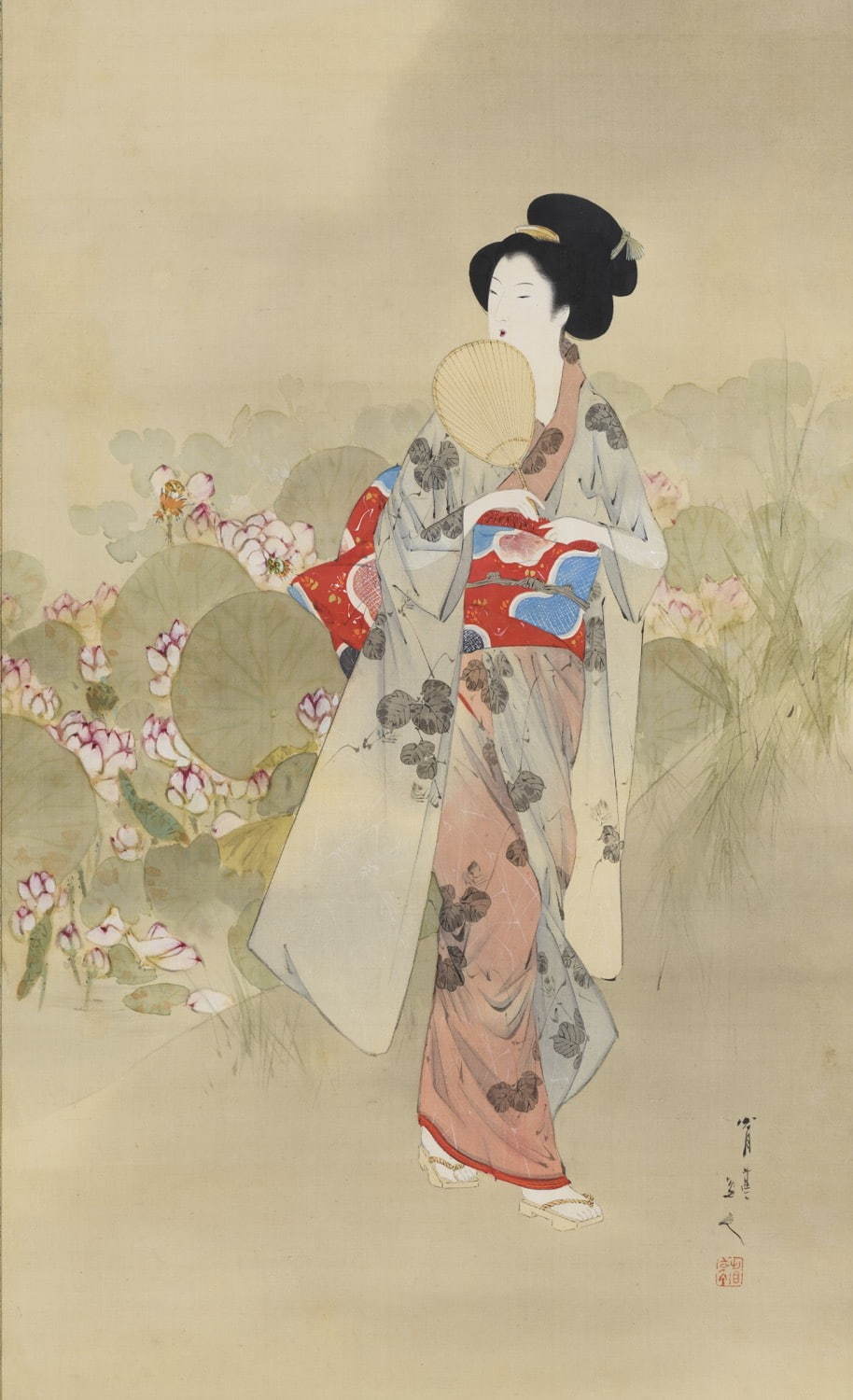 渡辺省亭《四季江戸名所(夏 不忍池蓮)》(部分) 絹本着色 四幅のうち 個人蔵