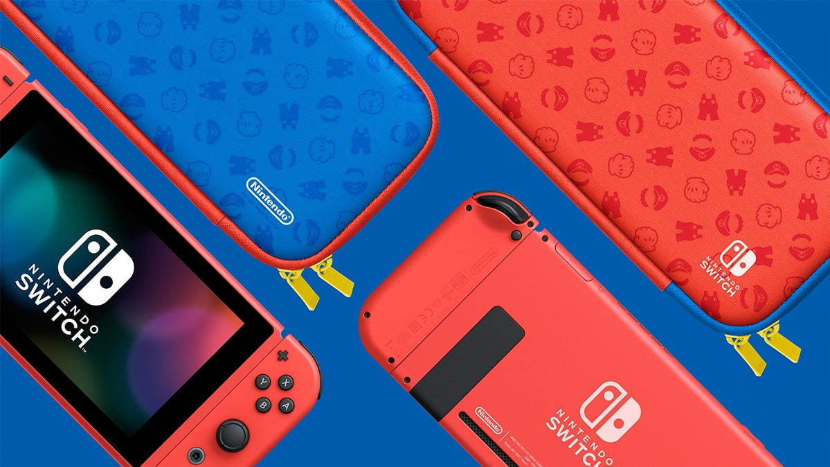 ニンテンドースイッチ にマリオモチーフの新色 レッド ブルーのバイカラー キャリングケース付属 ファッションプレス