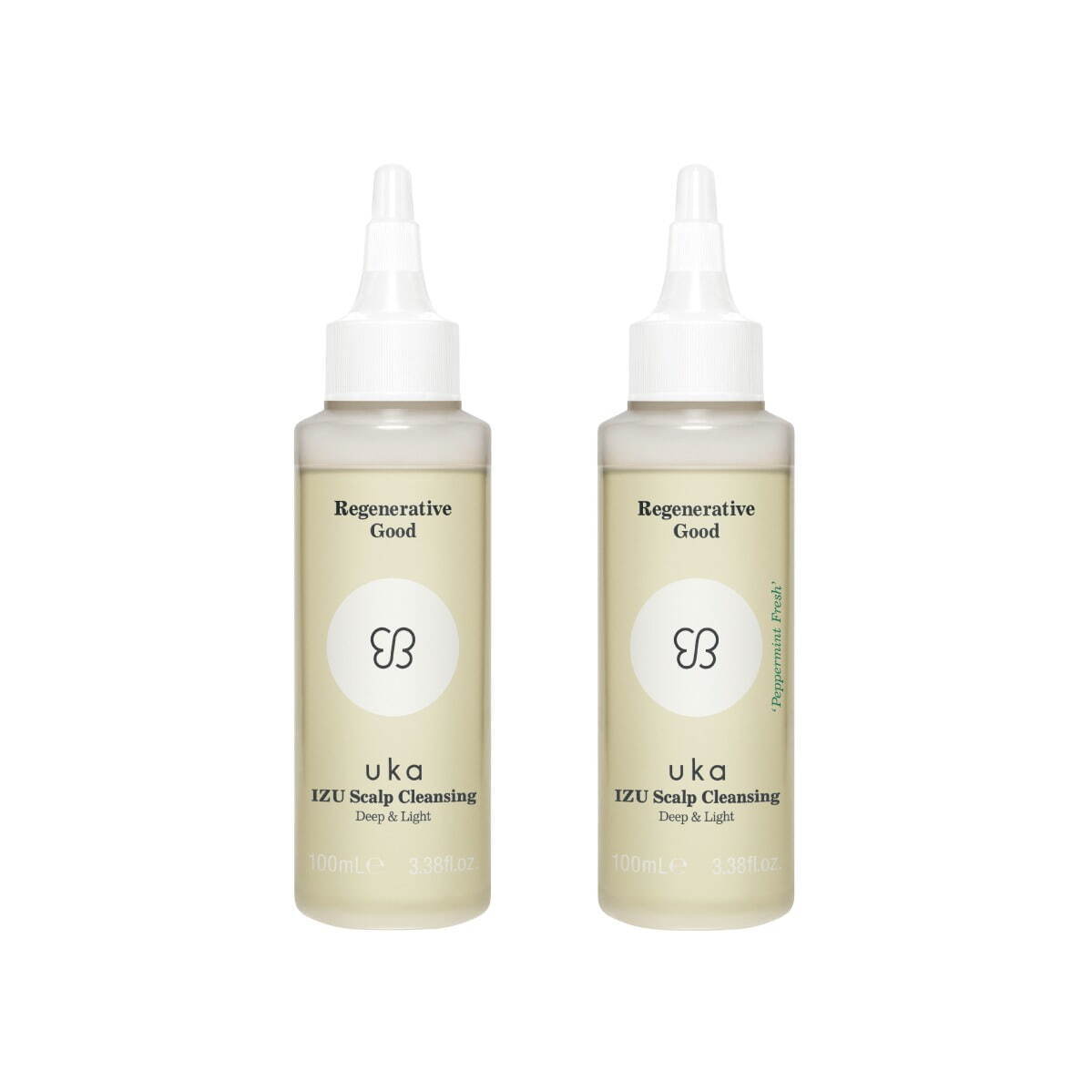 左から) uka イズ スカルプクレンジング ディープ＆ライト 100mL 1,980円、
uka イズ スカルプクレンジング ディープ＆ライト′ペパーミントフレッシュ