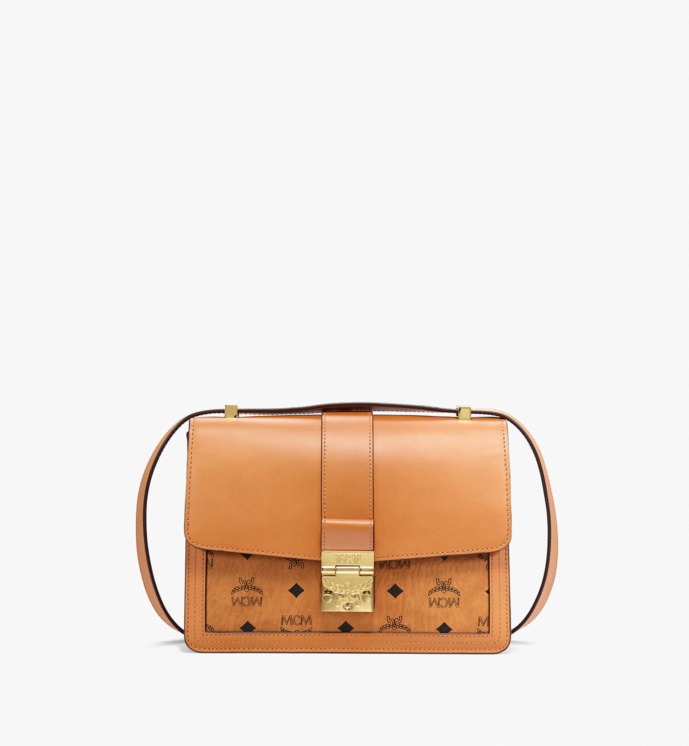 MCM“ヴィセトス柄×なめらかレザー”のバッグ、ゴールドチェーン 