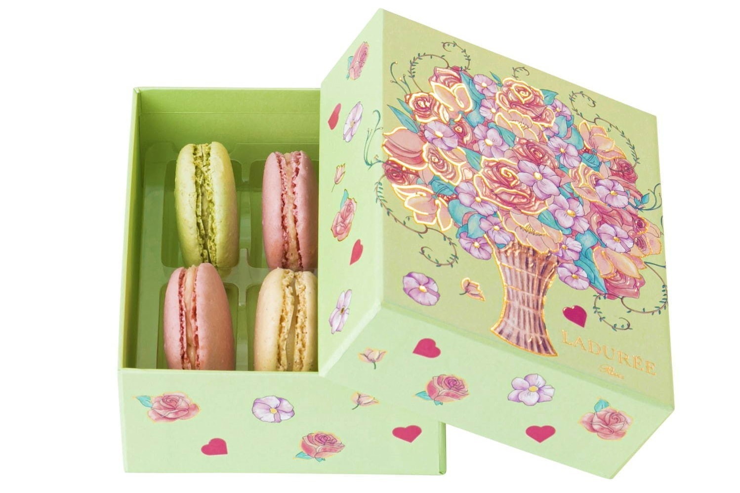 ラデュレのホワイトデー限定マカロンボックス、鮮やかなバラのブーケ＆春風に揺れる木々と鳥を描いて