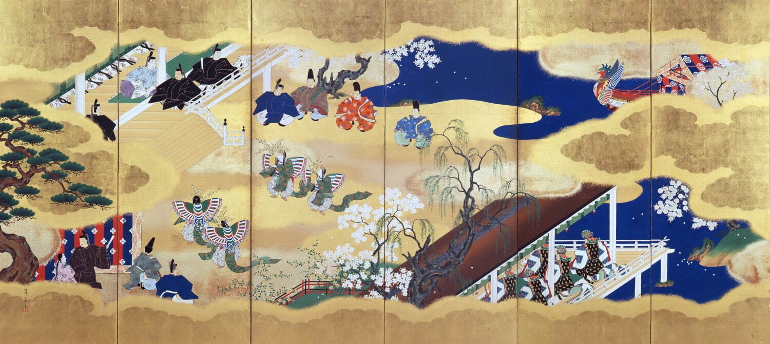 源氏物語図屛風(絵合・胡蝶)(左隻) 狩野〈晴川院〉養信筆 江戸時代・19世紀 東京国立博物館蔵［2021年3月9日(火)～4月18日(日)・本館7室］