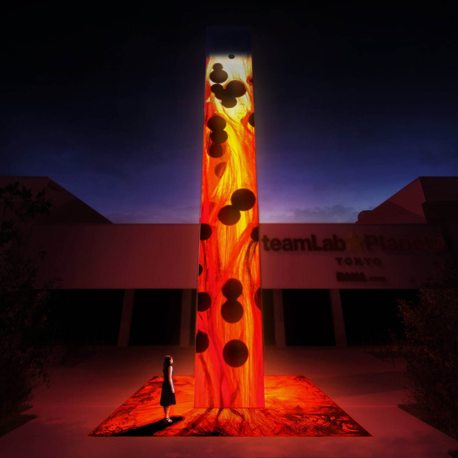 空から噴き落ちる、 地上に憑依する炎 / Universe of Fire Particles Falling From the Sky
teamLab, 2021, Interactive Digital Installation, W6000mm D6000mm H15000mm, Sound: Hideaki Takahashi