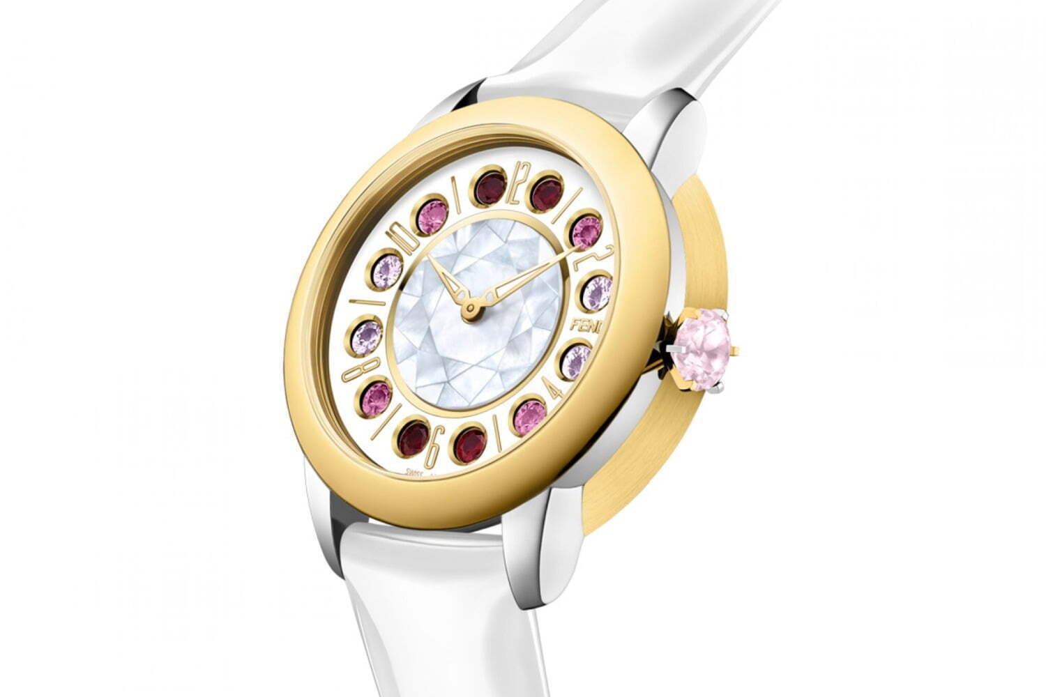 「フェンディ アイシャイン」”光沢”レザーストラップの新作、ジェムストーンが回転する腕時計