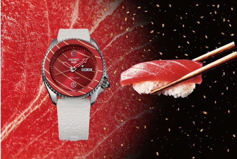 セイコー 5スポーツ「寿司」モチーフの腕時計、立体感シャリストラップ＆“サシ入り”文字盤 ファッションプレス