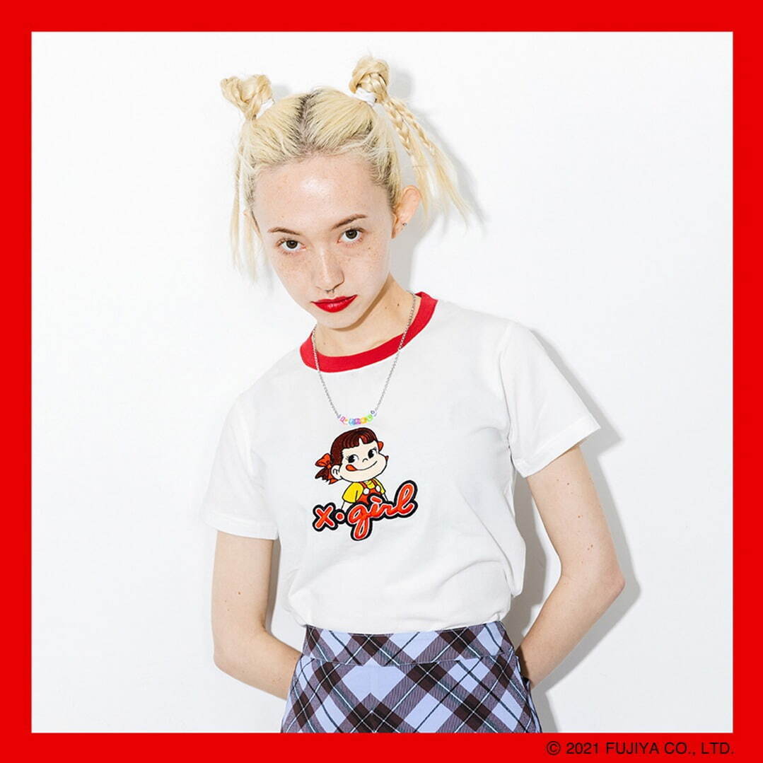 X-girl×ペコちゃんのコラボコレクション、ダブルネームTシャツや商品パッケージ風ポーチ｜写真1