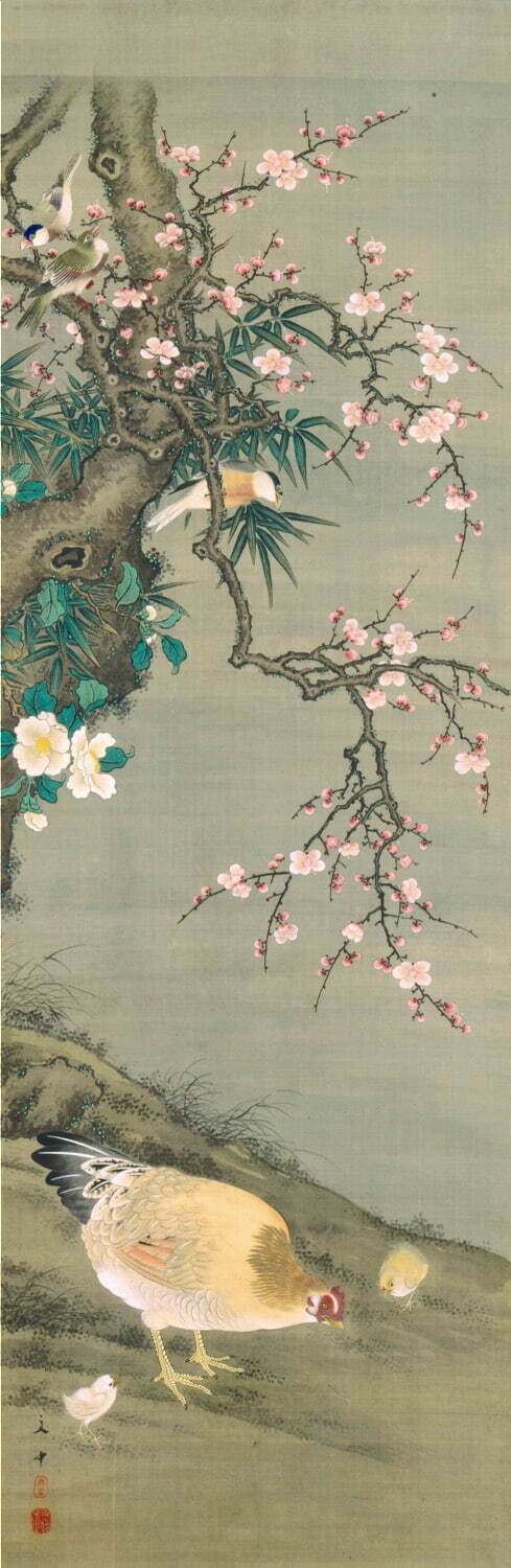 谷文中「梅下双鶏図」(左) 江戸時代 板橋区立美術館蔵