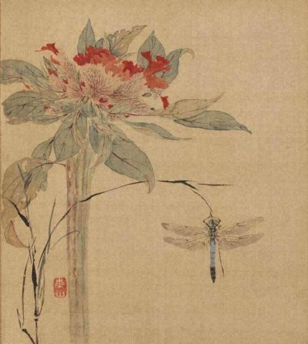 渡辺崋山「虫魚帖」のうち(鶏頭にとんぼ・部分) 天保12年(1841) 重要文化財 岡田美術館蔵
※会期中ページ替あり