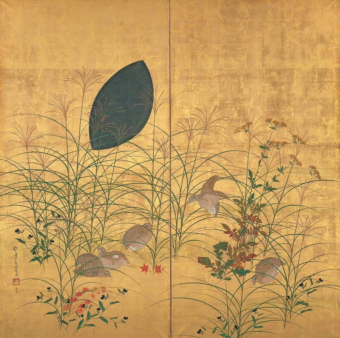 酒井抱一《秋草鶉図》(重要美術品) 19世紀(江戸時代) 紙本金地・彩色 山種美術館