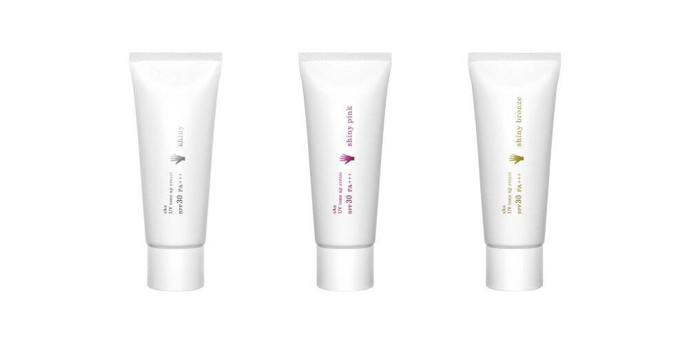 左から)uka UV トーンアップクリーム シャイニー SPF30・PA+++ 3,850円(税込)＜新商品＞
uka UV トーンアップクリーム シャイニーピンク SPF30・PA+++ 4,180円(税込)＜限定品＞
uka UV トーンアップクリーム シャイニーブロンズ SPF30・PA+++ 4,180円(税込)＜限定品＞