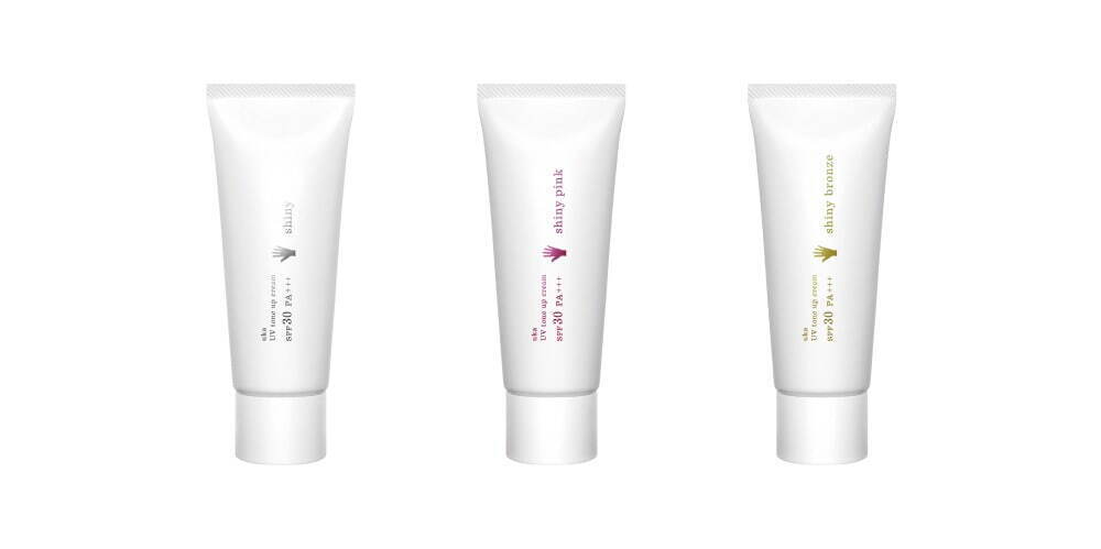 左から)uka UV トーンアップクリーム シャイニー SPF30・PA+++ 3,850円(税込)＜新商品＞
uka UV トーンアップクリーム シャイニーピンク SPF30・PA+++ 4,180円(税込)＜限定品＞
uka UV トーンアップクリーム シャイニーブロンズ SPF30・PA+++ 4,180円(税込)＜限定品＞