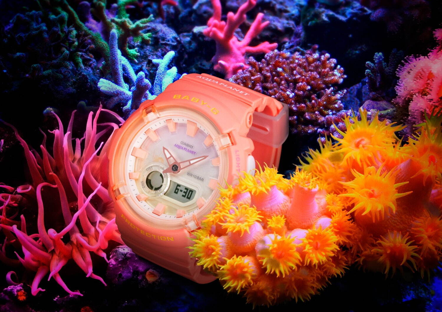 BABY-G“サンゴ”モチーフの新作腕時計、コーラルオレンジのケース