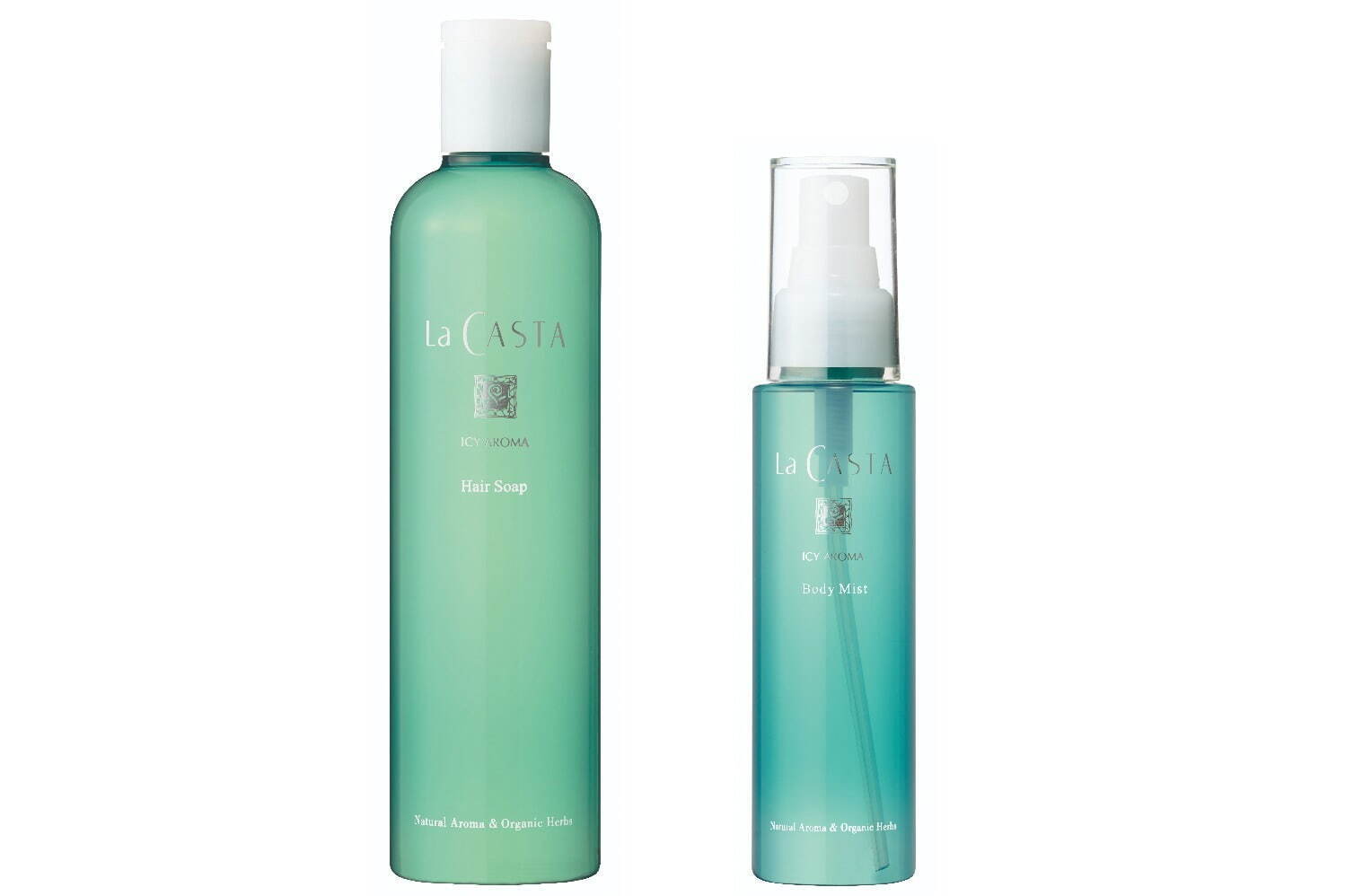 左から) アイシーアロマ ヘアソープ 300mL 2,420円＜数量限定品＞
アイシーアロマ ボディミスト 100mL 2,200円＜数量限定品＞