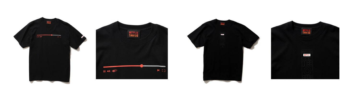 左から1,2番目)Netflix × BEAMS PLAYBAR T-SHIRT 5,280円(税込)
左から3,4番目)Netflix × BEAMS REMOTE CONTROLLER T-SHIRT 5,280円(税込)