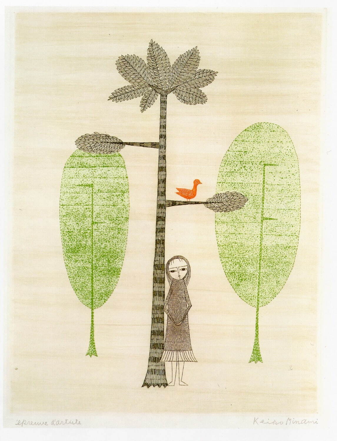 南桂子《少女と小鳥の木》1967年 エッチング、ソフトグランドエッチング、サンドペーパー・紙 群馬県立館林美術館蔵