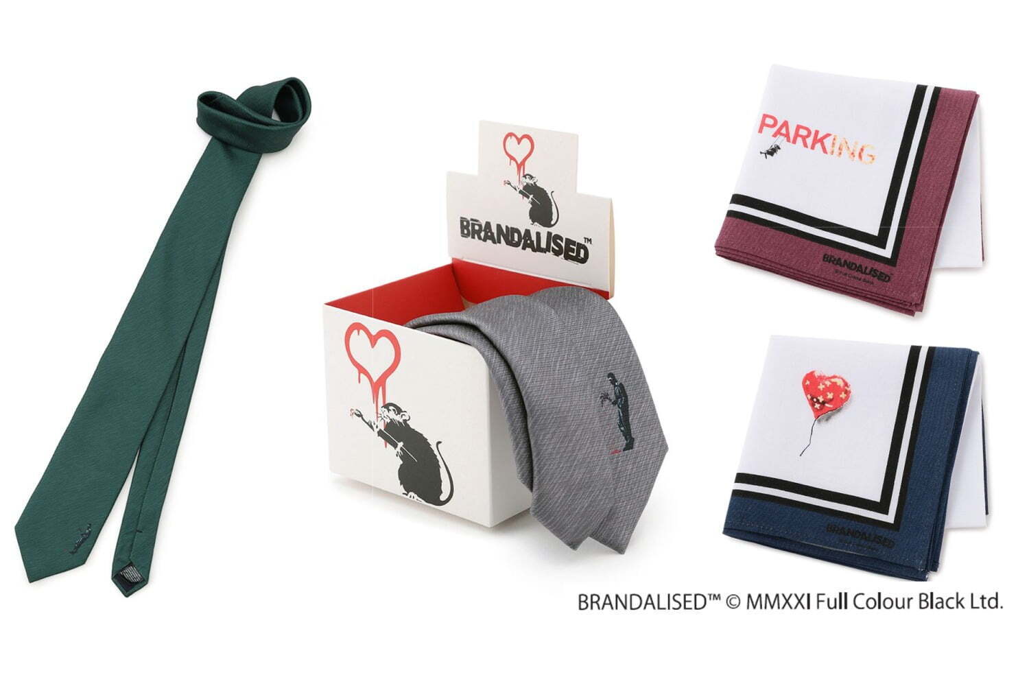 「バンクシー」グラフィック入りネクタイ＆ハンカチ、“鼠やハート型風船”をワンポイントに