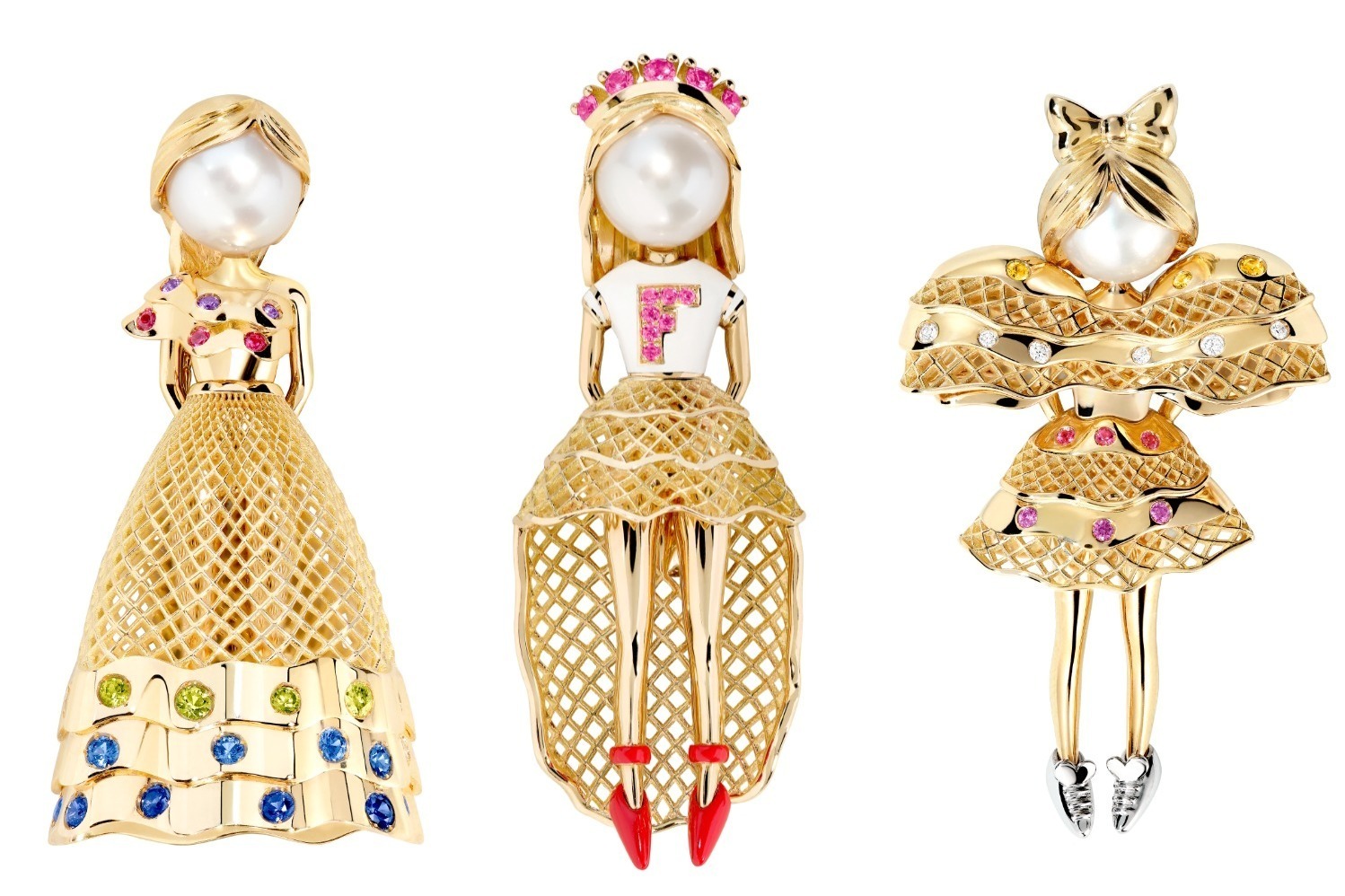 フレッド×トモ・コイズミの人形型ブローチ「トモズドールズ」ルビー煌めくラッフルドレスなど