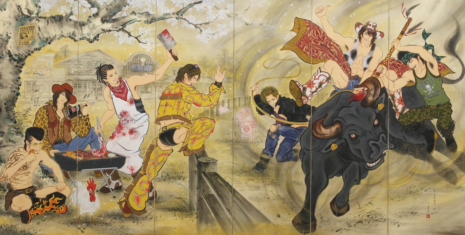 木村了子《男子楽園図屏風 ─ EAST & WEST》(右隻) 2011 作家蔵 撮影:宮島径