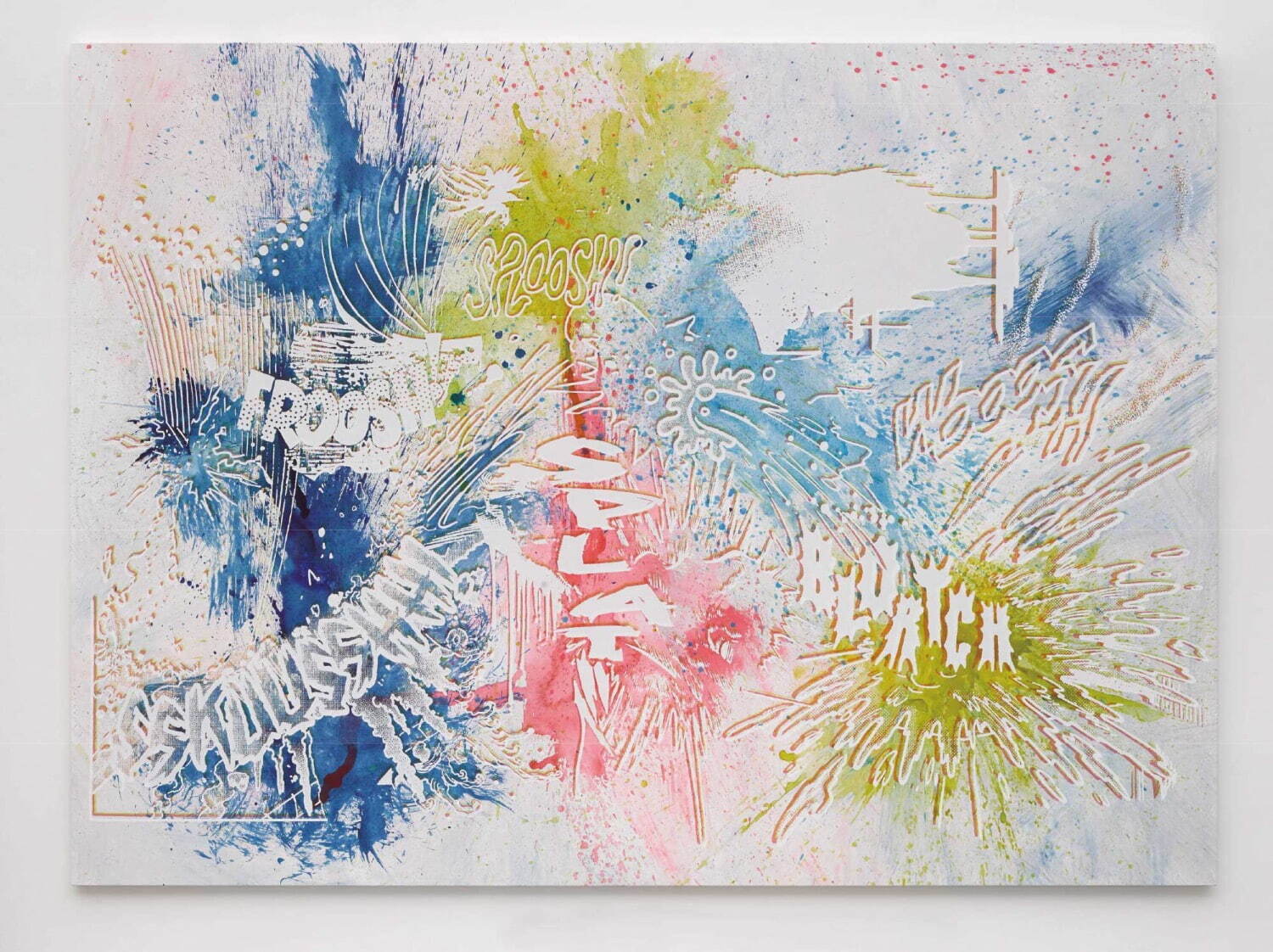 クリスチャン・マークレー《アクションズ:Froosh Sploosh Wooosh Sskuusshh Splat Blortch (No.2)》2014年
スクリーン・プリント、アクリル絵具、カンヴァス 222.2cm×302.5cm