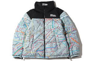 ファーストダウン×アトモス、東京＆NYの地下鉄路線図柄ダウンジャケット - リバーシブル仕様で