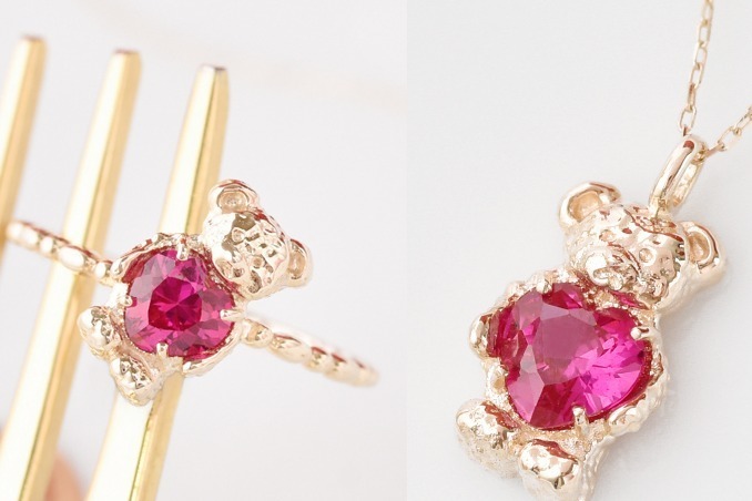 Q-pot.新作ジュエリー、“苺キャンディ”のようなハートを抱える「テディベア」リングやネックレス