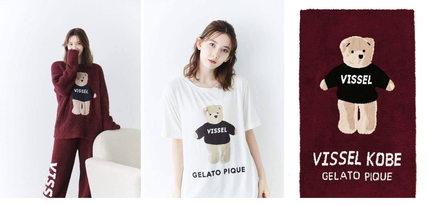 左から)＜VISSEL KOBE VISSEL BEAR シリーズ＞プルオーバー 6,820円、Tシャツ 4,840円、ブランケット 5,940円