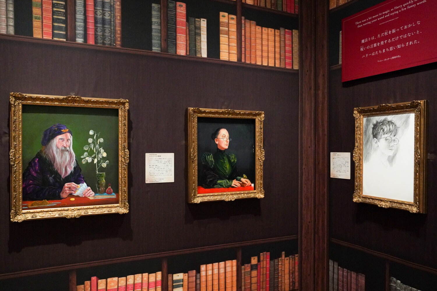 (左から) ジム・ケイ《アルバス・パーシバル・ウルフリック・ブライアン・ダンブルドア教授の肖像》、
ジム・ケイ《ミネルバ・マクゴナガル教授の肖像》、ジム・ケイ《ハリー・ポッターの肖像のスケッチ》
すべてブルームズベリー社蔵